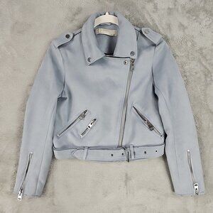 Zara Motorcycle Jacket Womens Size S Powder Blue Faux Suede Cropped Zippers Moto